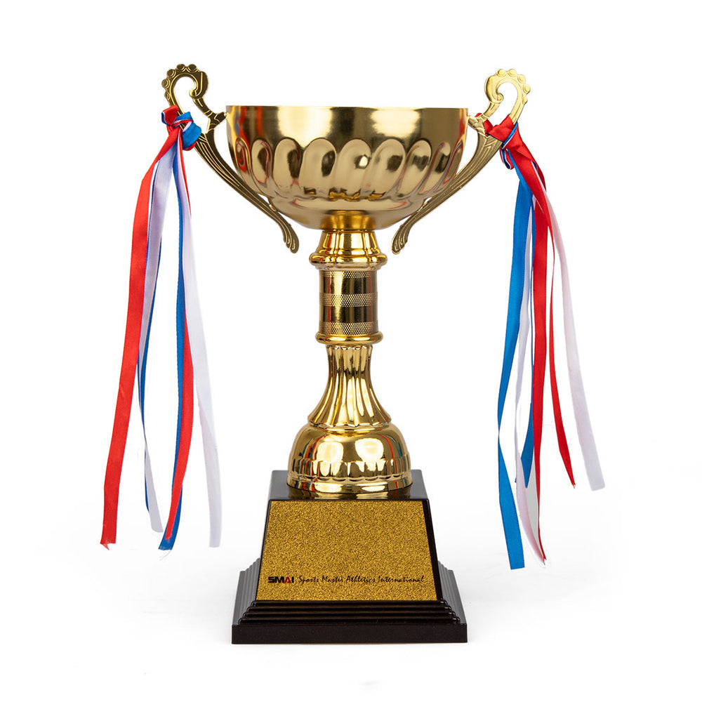 Medium size 30cm trophy cup with stand and ribbons side view