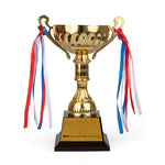 Medium size 30cm trophy cup with stand and ribbons side view