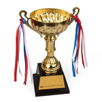 Medium size 30cm trophy cup with stand and ribbons top view