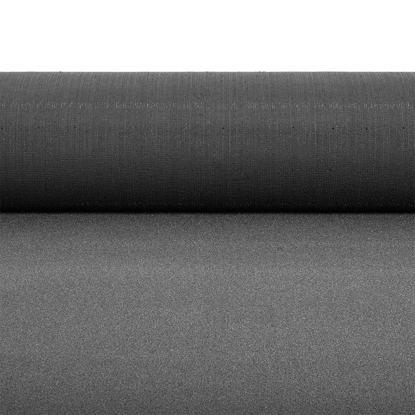 A close-up of the SMAI Dark Grey Turf Sled Track (2m x 12m), partially unrolled on a flat surface, shows its textured, slightly shiny finish—ideal for commercial gym flooring.