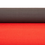 A close-up of a roll of dark brown fabric above a flat layer of SMAI Red Gym Turf Sled Track (2m x 12m), both showing visible texture reminiscent of durable commercial gym flooring.