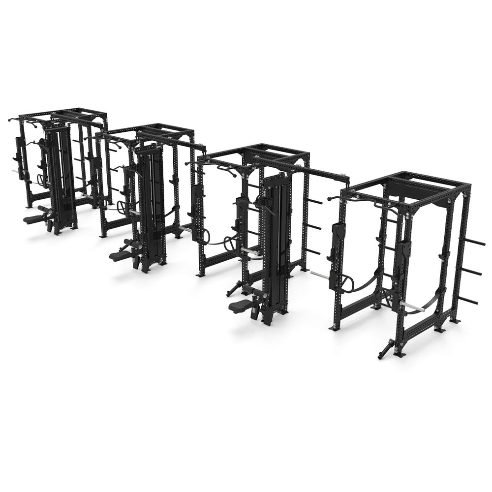 Four black metal SMAI Vanta Series 4 Cell racks with three Lat Pull Towers are arranged in a row, each featuring pull-up bars, weight holders, and cable machine systems—all set against a white background.