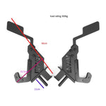 Two black SMAI X-Frame Monolift clamps with extended handles face each other. Red, purple, and blue measurement lines are shown. "Load rating 300kg" text above highlights their suitability for powerlifters or weightlifting rigs.