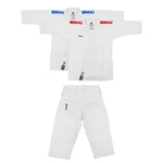 Two WKF-approved SMAI Kaminari X Karate Uniform Packs are shown flat on white. Each 14oz premium Kata Gi has "SMAI" in blue and red on the jackets, with matching pants, ideal for top-level performance.
