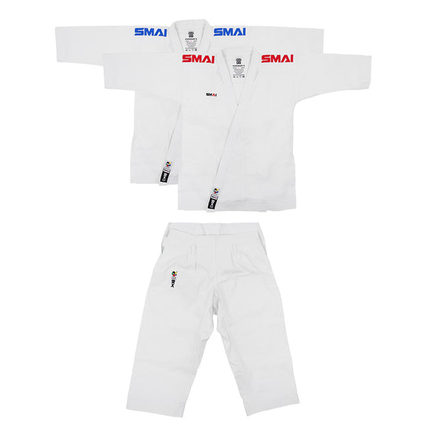 Two WKF-approved SMAI Kaminari X Karate Uniform Packs are shown flat on white. Each 14oz premium Kata Gi has "SMAI" in blue and red on the jackets, with matching pants, ideal for top-level performance.
