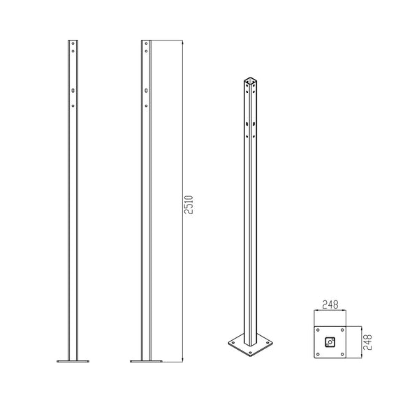 This technical drawing showcases the SMAI Commercial Boxing Bag Stand, which includes two side views and an isometric view. The vertical metal post is designed specifically for commercial use with a height of 2510 mm and a sturdy 248 mm square base plate, making it ideal for supporting heavy-duty free-standing boxing bags.