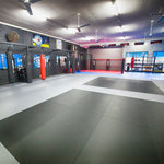 A spacious martial arts gym features SMAI Judo/BJJ Mats for flooring, padded walls, punching bags, wall mirrors, and large windows for natural light. Signs and organized equipment line the clean black walls.