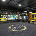 A spacious boxing gym includes a 5m SMAI Competition Boxing Ring with yellow ropes and black floor, featuring "OLYMPIA" and a laurel wreath on the mat. Equipped with commercial-grade boxing gear, punching bags are around, while large windows offer tree views.