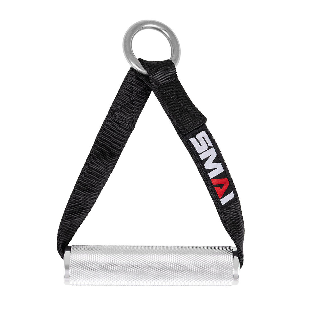 The SMAI Single Nylon Strap Handle for Cable Pulley System features a durable black strap with a textured silver grip and the SMAI logo—perfect for any functional trainer setup.