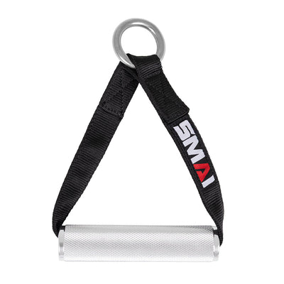 The SMAI Single Nylon Strap Handle for Cable Pulley System features a durable black strap with a textured silver grip and the SMAI logo—perfect for any functional trainer setup.