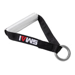 The SMAI Single Nylon Strap Handle for Cable Pulley System features a metal handle with a textured grip, a black nylon strap displaying the SMAI logo in white and red, and a metal ring—perfect for functional trainers.