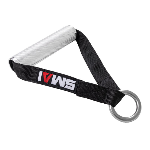 The SMAI Single Nylon Strap Handle for Cable Pulley System features a metal handle with a textured grip, a black nylon strap displaying the SMAI logo in white and red, and a metal ring—perfect for functional trainers.