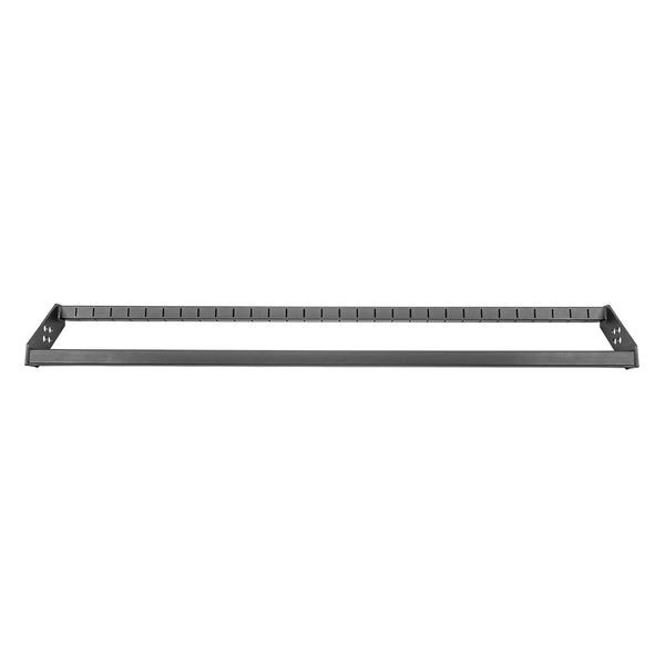 The SMAI Vanta Series Bumper Plate Toaster Storage Shelf is a black, rectangular metal rack mount panel with evenly spaced square openings, ideal for organizing equipment in server or network racks.