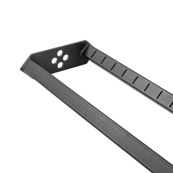 A close-up of a black metal bracket from the SMAI Bumper Plate Toaster Storage Shelf - Vanta Series, featuring four circular holes and a rectangular arm with evenly spaced notches along one edge, designed for gym storage.