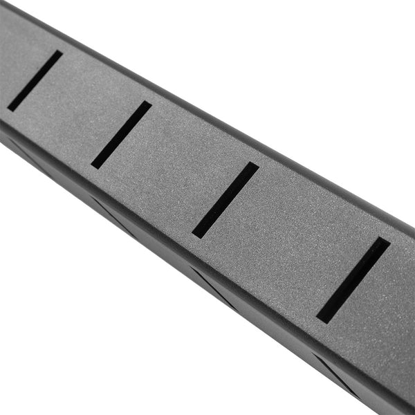Close-up of a black SMAI Bumper Plate Toaster Storage Shelf - Vanta Series, featuring evenly spaced rectangular slots for organized bumper plate storage. Shown angled on a white background.