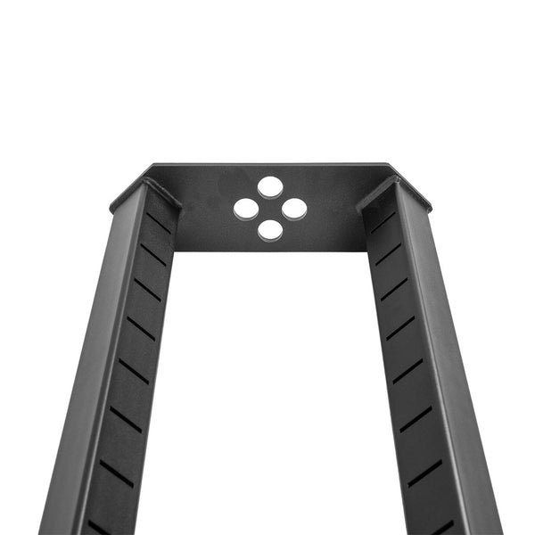 Close-up of the SMAI Bumper Plate Toaster Storage Shelf - Vanta Series: a black metal frame with two vertical sides and a top bar with five circular holes. Evenly spaced notches make it perfect for organized bumper plate storage.