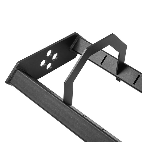 Close-up of a black metal bracket from the SMAI Bumper Plate Toaster Storage Shelf - Vanta Series, featuring four circular holes and an angular support, designed for gym storage or bumper plate organization.