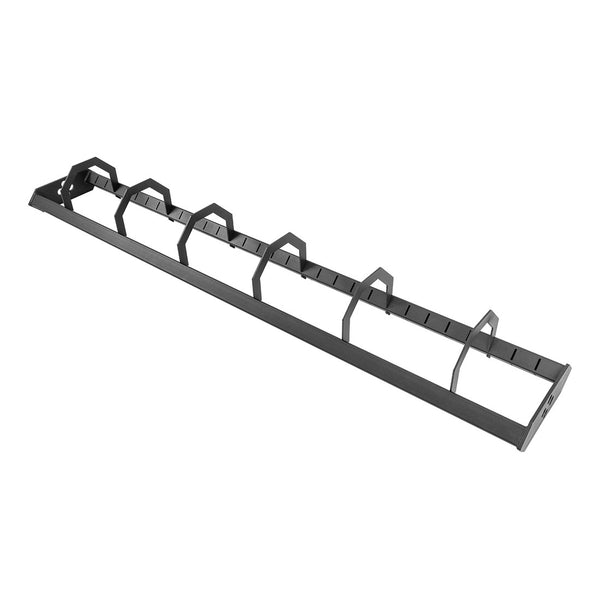 The SMAI Bumper Plate Toaster Storage Shelf - Vanta Series is a black metal wall-mounted rack with five angled hooks, ideal for organizing garden tools, sports gear, or storing bumper plates and long-handled gym equipment.