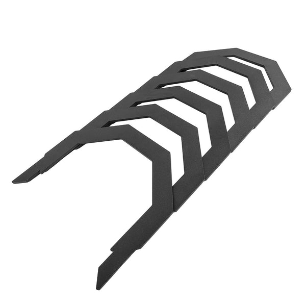 The SMAI Bumper Plate Toaster Storage Shelf - Vanta Series features six identical black metal brackets with angular geometric design—ideal for organizing bumper plates or creating a gym storage shelf.