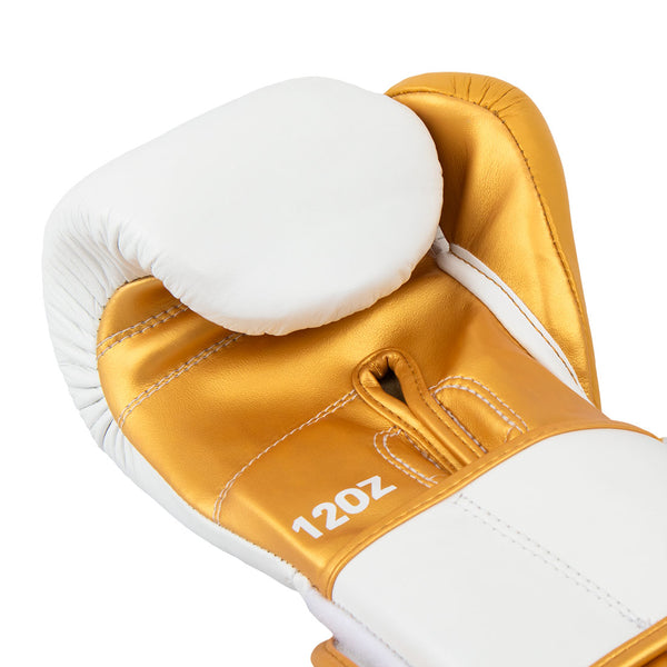 ProGuard White/Gold Boxing Glove Close up of gold palm detailing