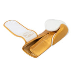ProGuard White/Gold Boxing Glove Palm Side Up Velcro strap open