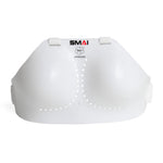 The SMAI WKF Approved Female Breast Guard Insert is a white karate protector with straps, ventilation holes, and the SMAI logo at the top, designed for martial arts or sports use.