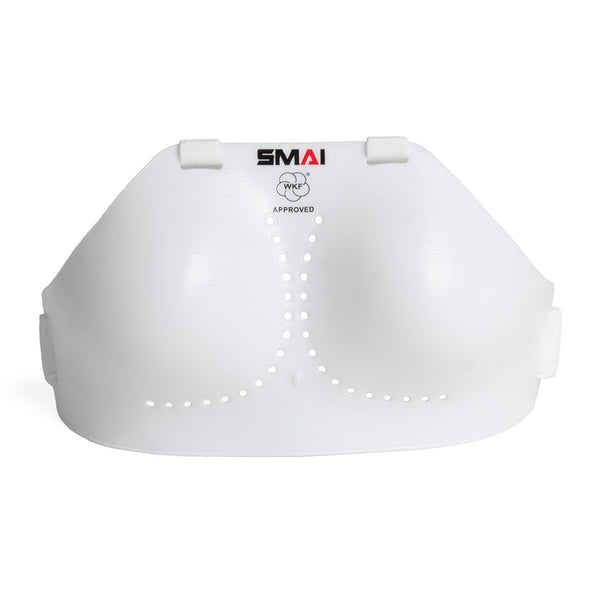 The SMAI WKF Approved Female Breast Guard Insert is a white karate protector with straps, ventilation holes, and the SMAI logo at the top, designed for martial arts or sports use.