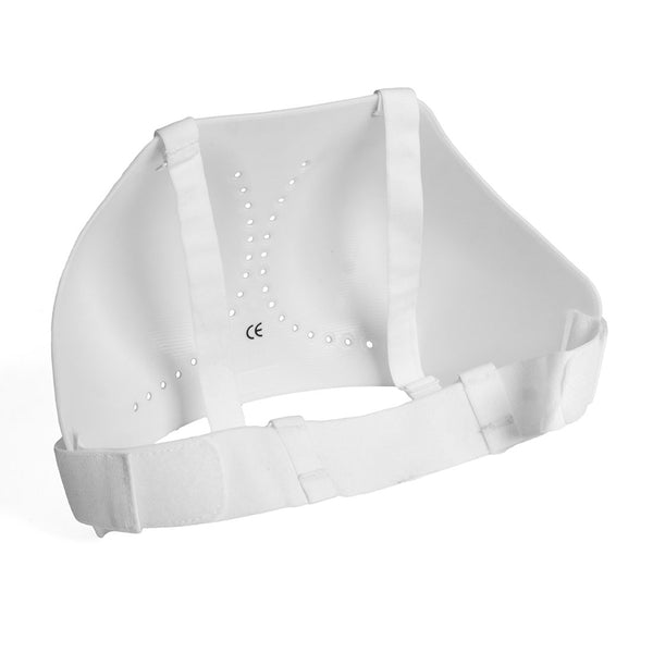 The SMAI WKF Approved Female Breast Guard Insert is a torso support with adjustable straps and ventilation perforations, usable as a chest or rib protector, and designed to provide compression and support.