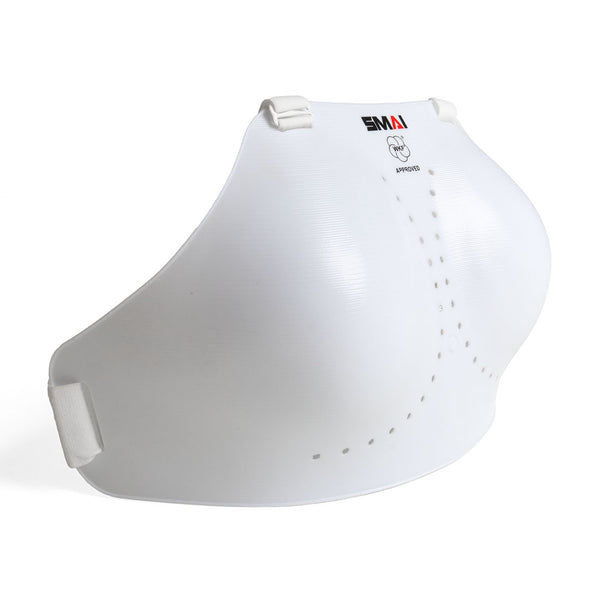 The SMAI WKF Approved Female Breast Guard Insert is a white, contoured protector with shoulder straps and ventilation holes, designed for sports or martial arts. Ideal for women, the "SMAI" branding is visible on the upper front.