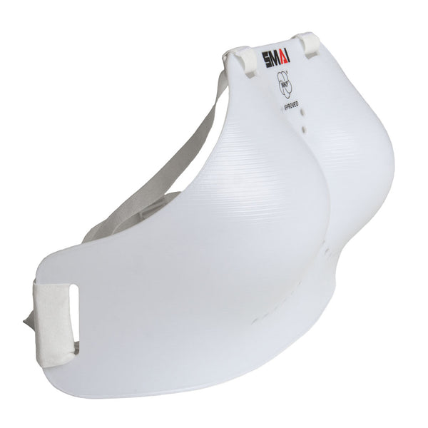 The SMAI WKF Approved Female Breast Guard Insert is a white plastic protector with curved contours, adjustable elastic straps, and the EMA logo on top, providing upper body protection for martial arts or sports activities.