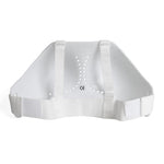A white orthopedic back brace with adjustable straps and ventilation holes pairs with the SMAI WKF Approved Female Breast Guard Insert to offer comprehensive support and protection for female martial artists.