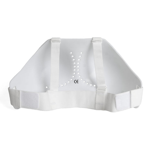 A white orthopedic back brace with adjustable straps and ventilation holes pairs with the SMAI WKF Approved Female Breast Guard Insert to offer comprehensive support and protection for female martial artists.