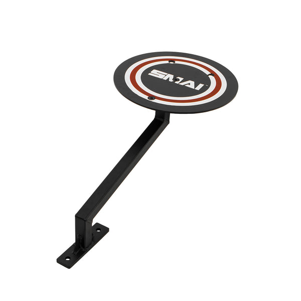 The X-Frame Wall Ball Target by No Sync To Channel Engine is a powder-coated black wall-mounted martial arts target with a circular pad displaying the SMAI logo in white and orange. Designed for durability, it attaches securely to a long black metal arm and base, perfect for commercial spaces.