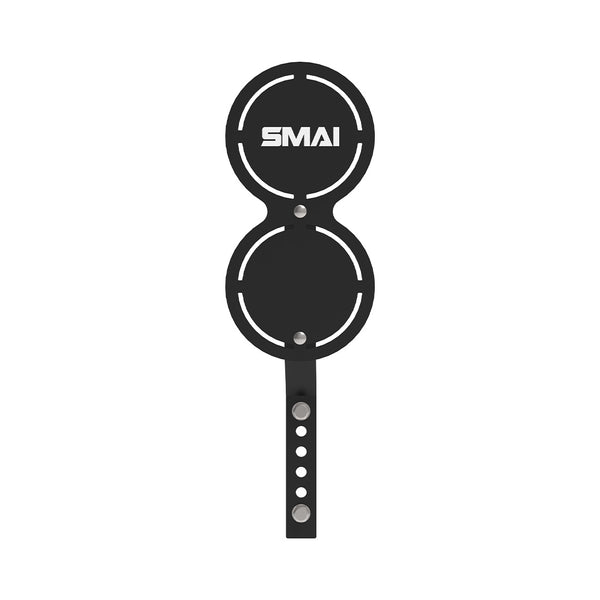 The SMAI Double Wall Ball Target from the Vanta Series features a black vertical metal design with two circular plates joined by a central bar, "SMAI" on the top plate, and four adjustment holes for power rack attachment. Pre-order for late March.