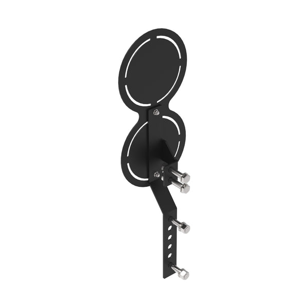 The SMAI Double Wall Ball Target from the Vanta Series features two round plates and an angled support arm, with three adjustable silver bolts—providing a sleek, space-saving power rack accessory. Pre-order now for late March delivery.