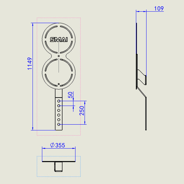 Technical drawing of the SMAI Double Wall Ball Target - Vanta Series (PRE-ORDER, LATE MARCH). Features two circular frames, front/side/top views, height 1149 mm, frame gap 250 mm, base diameter 355 mm, and base depth 109 mm.