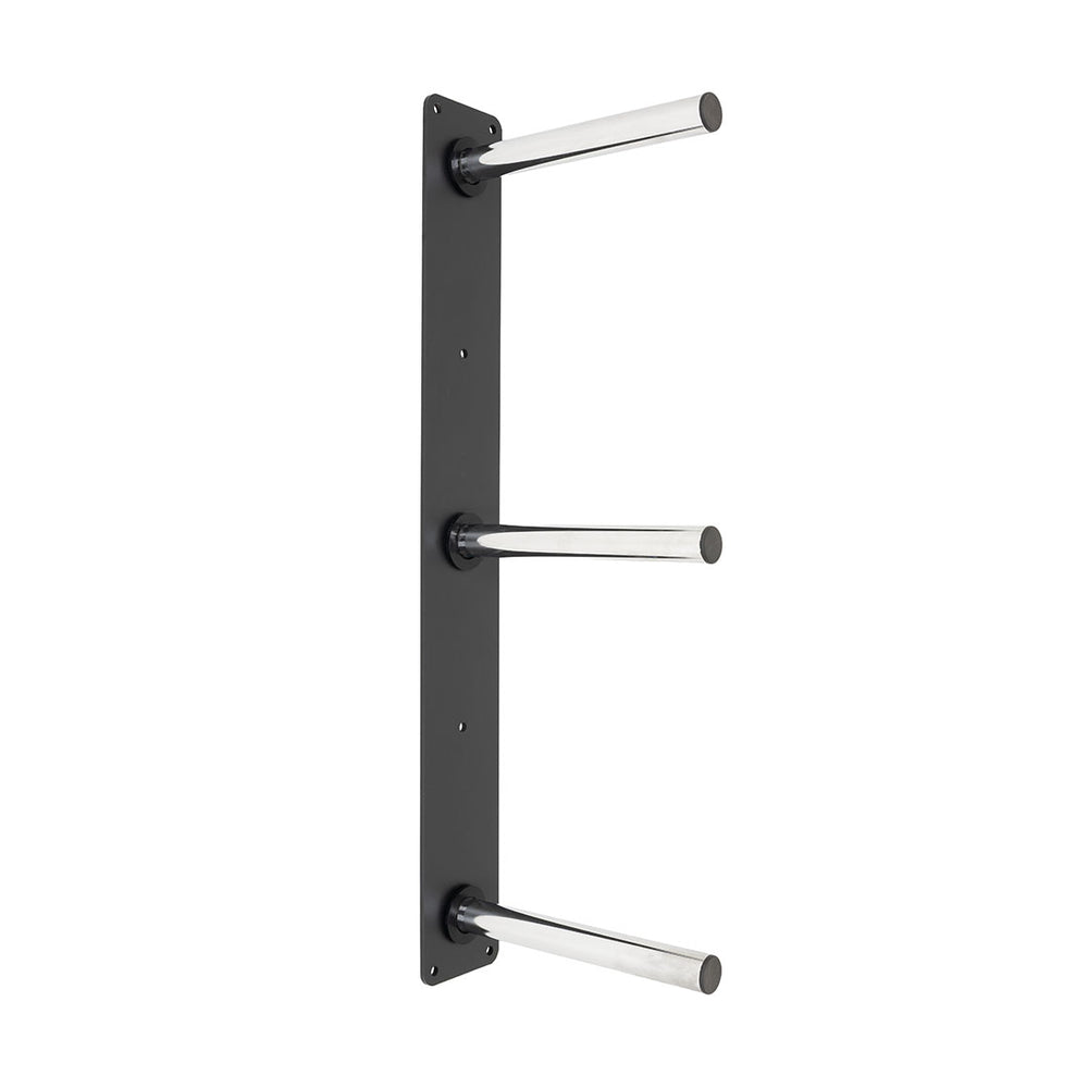 The SMAI Wall mounted Bumper Plate Storage with Chrome Pegs features a black vertical metal plate with three horizontal chrome pegs, ideal for organized gym or bumper plate storage.