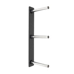 The SMAI Wall mounted Bumper Plate Storage with Chrome Pegs features a black vertical metal plate with three horizontal chrome pegs, ideal for organized gym or bumper plate storage.