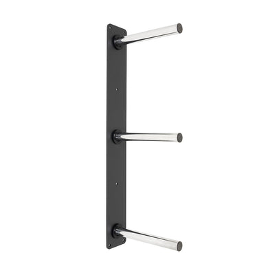 The SMAI Wall mounted Bumper Plate Storage with Chrome Pegs features a black vertical metal plate with three horizontal chrome pegs, ideal for organized gym or bumper plate storage.