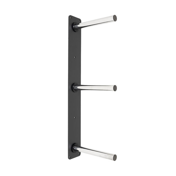 The SMAI Wall mounted Bumper Plate Storage with Chrome Pegs features a black vertical metal plate with three horizontal chrome pegs, ideal for organized gym or bumper plate storage.