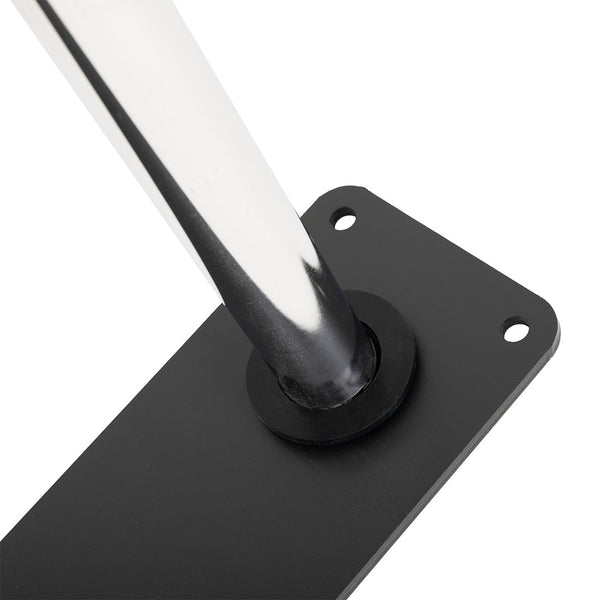A close-up of a metal leg attached to the rectangular black mounting plate from the SMAI Wall mounted Bumper Plate Storage with Chrome Pegs, featuring four screw holes for secure gym storage installation.