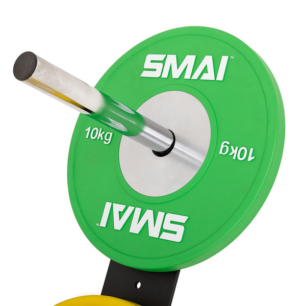 The SMAI Wall mounted Bumper Plate Storage with Chrome Pegs is ideal for organizing your gym; easily store green 10 kg SMAI weight plates or other bumper plates securely on your wall.