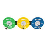Three SMAI Wall mounted Bumper Plate Storage with Chrome Pegs hold green 10kg, yellow 15kg, and blue 20kg barbells, providing organized and stylish gym storage against a white background.