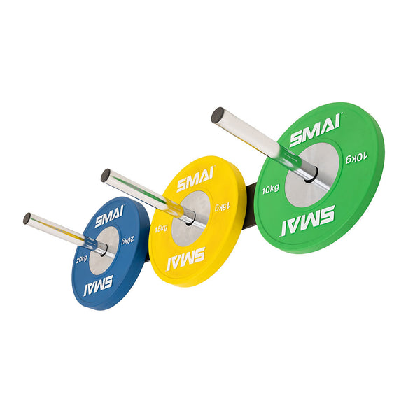 Three barbells with colorful SMAI weight plates (blue 20kg, yellow 15kg, green 10kg) are arranged diagonally. Each plate hints at the need for a storage solution like the SMAI Wall Mounted Bumper Plate Storage with Chrome Pegs.