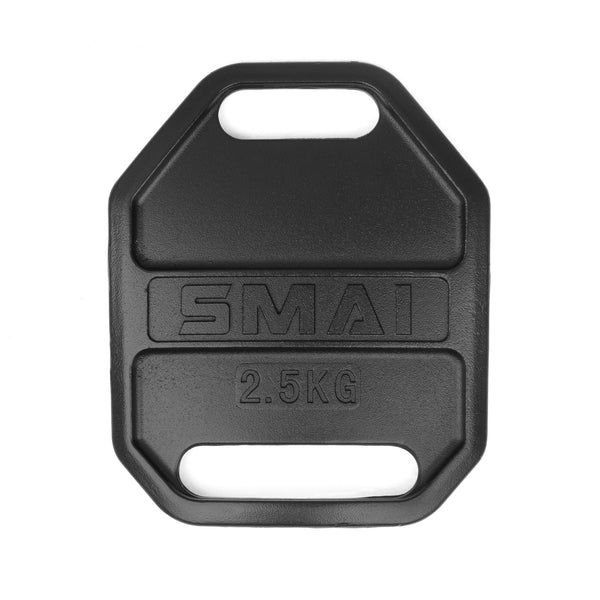 A black, hexagonal weight vest plate labeled "SMAI 2.5KG," designed to enhance workout intensity, is crafted from durable iron and displayed on a white background.