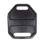 This SMAI Weight Vest Plate Pair features a sleek, black rectangular design crafted from durable cast iron. It boasts rounded edges and convenient two-handle grips. The front displays the brand "SMAI" and the weight "7.5 KG," making it an ideal choice for enhancing your workout intensity and diversifying your weight vest plate collection.