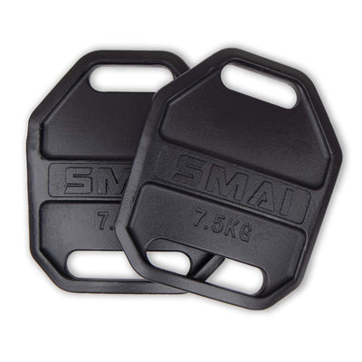 Two 7.5 kg black weight vest plates from SMAI, designed with convenient handle grips and embossed branding, are set against a white background, ready to boost your workout intensity.