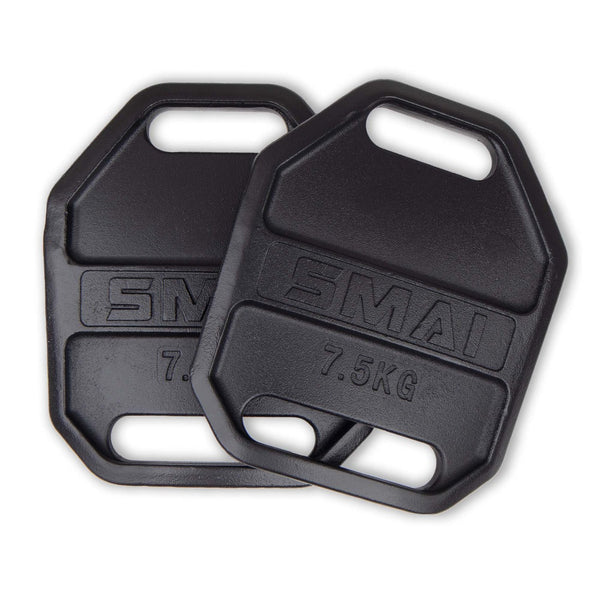 Two 7.5 kg black weight vest plates from SMAI, designed with convenient handle grips and embossed branding, are set against a white background, ready to boost your workout intensity.