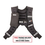 SMAI Weighted Vest – Black, available in 5kg and 10kg sizes, features an attached phone holder, reflective stripes, and adjustable straps for a secure fit. Text below reads: “Free phone holder included with 5kg & 10kg Weighted Vest sizes.”.