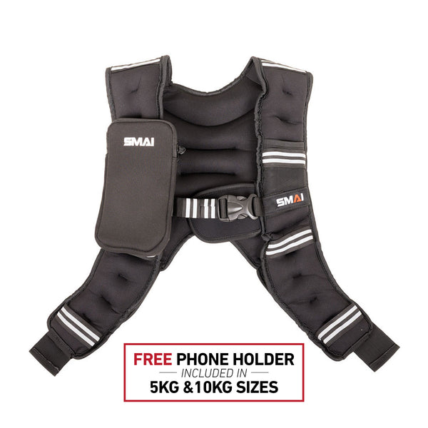 SMAI Weighted Vest – Black, available in 5kg and 10kg sizes, features an attached phone holder, reflective stripes, and adjustable straps for a secure fit. Text below reads: “Free phone holder included with 5kg & 10kg Weighted Vest sizes.”.